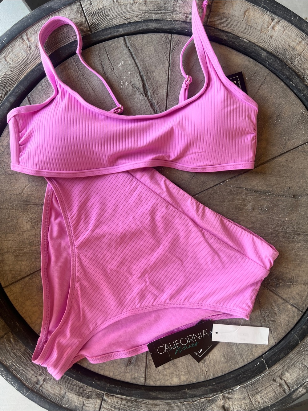 California Waves Hot Pink Ribbed Bikini Set Large B45